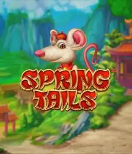 An enchanting illustration of a white rat dressed in traditional Chinese attire positioned in front of a scenic mountain backdrop. The image is for the Spring Tails Slot by Betsoft, showcased with prominent red and gold logo lettering.